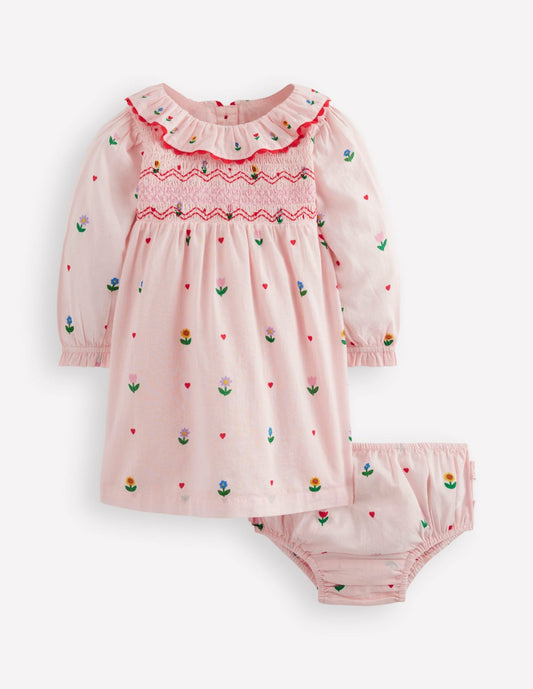 Boden Baby Embroidered Smocked Dress-Pink Multi Floral Heart Flower