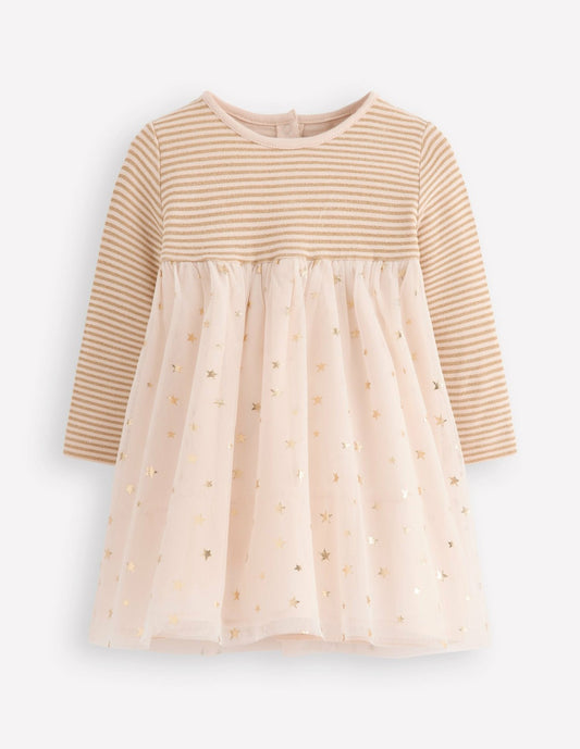 Boden Baby|Sale Jersey Tulle Dress-Soft Ivory/Gold Confetti