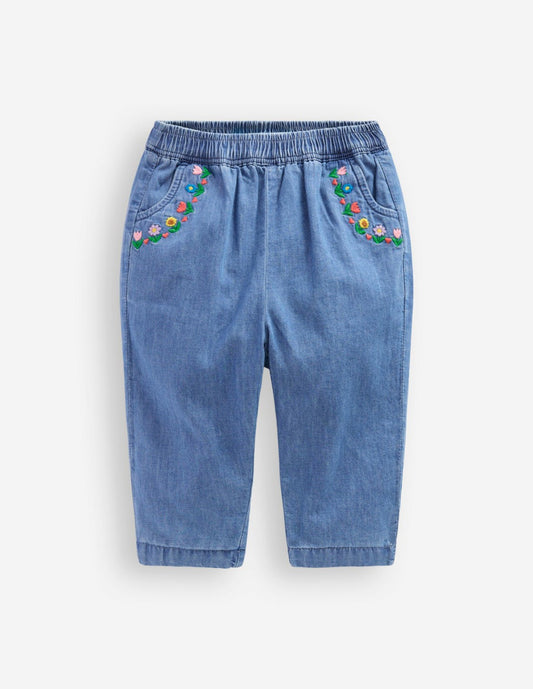 Boden Baby Embroidered Chambray Trouser-Embroidered Denim