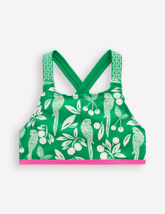Boden Sale|Girls Cross-back Bikini Top-Rich Emerald Parrot Palm