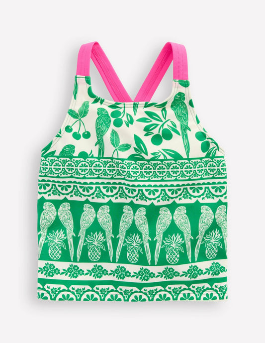 Boden Sale|Girls Cross-back Tankini Top-Rich Emerald Parrot Palm