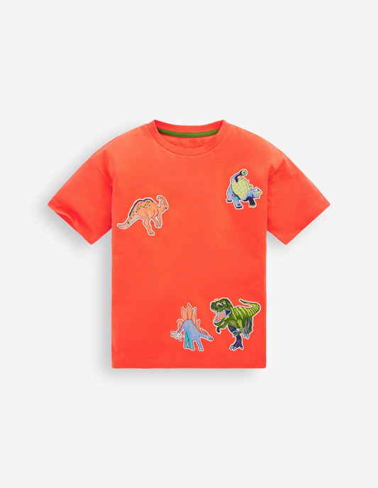 Boden Sale Short Sleeve Badge T-shirt-Coral Orange Dinos