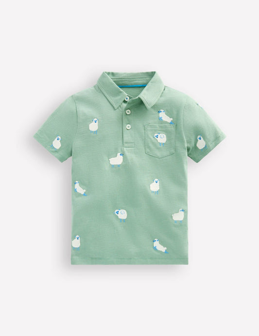 Boden Sale|Boys Embroidered Slub Polo Shirt-Green Sheep