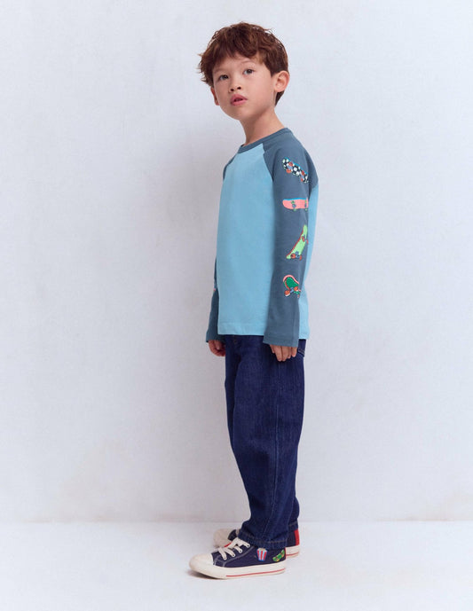 Boden Sale|Boys Printed Sleeve Raglan T-shirt-Blue Weekend Skateboards