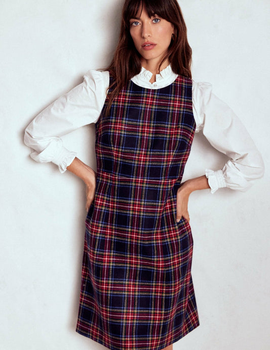 Boden Dresses Annie Check Shift Dress-Navy, Green and Red Check