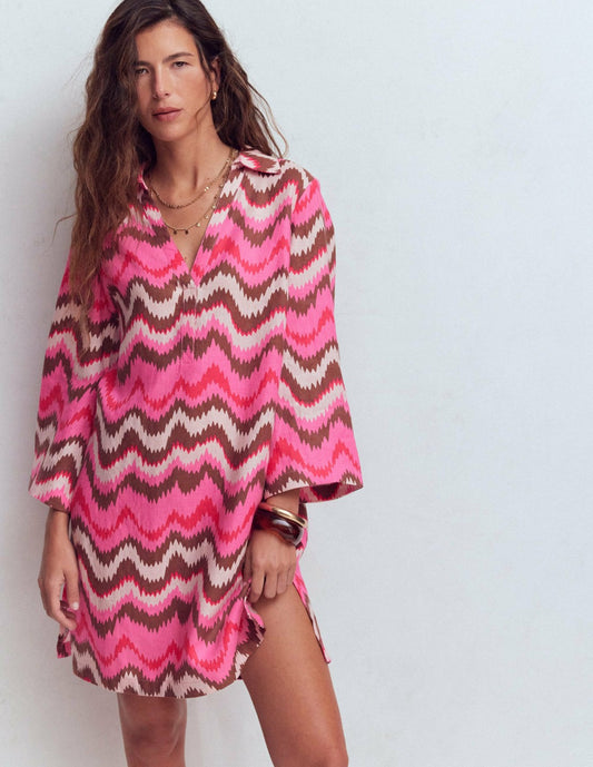 Boden Dresses Carmen Linen Short Dress-Pink, Zig Zag Wave