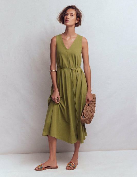 Boden Dresses Mia V-neck Jersey Midi Dress-Olive