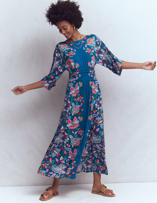 Boden Dresses Imelda Kimono Jersey Dress-Blue, Botanical Trail