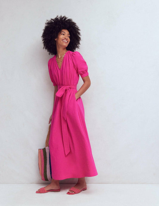 Boden Dresses Double Cloth Puff Sleeve Dress-Bright Pink