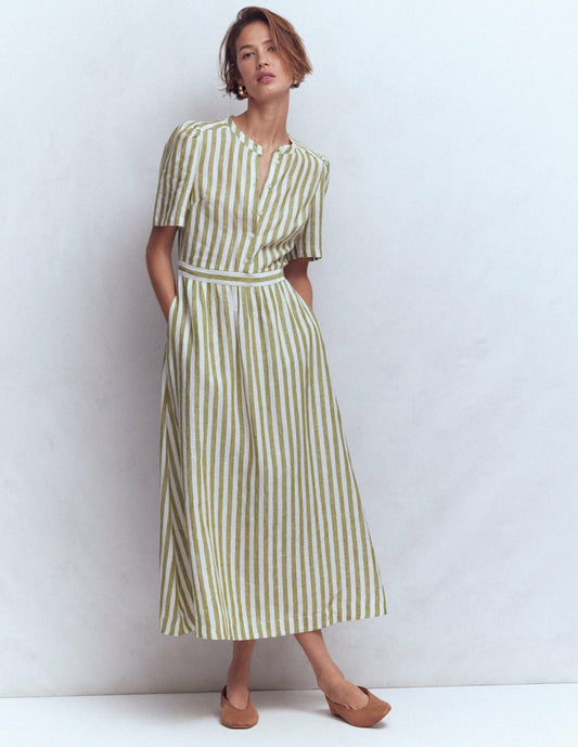 Boden Dresses Ivy Placket Linen Midi Dress-Olive, Ivory Stripe