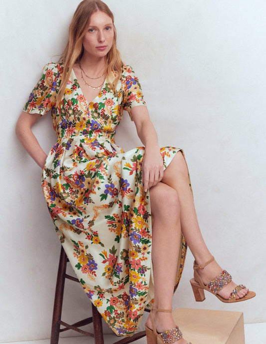 Boden Dresses Pleat V-neck Dress-Multi Meadow Flowers