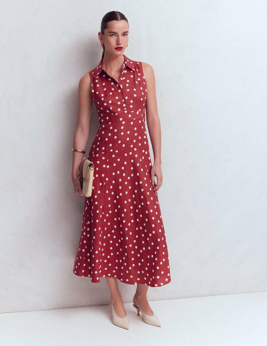 Boden Dresses Erma Drop Waist Linen Dress-Red Painted Dot Spaced