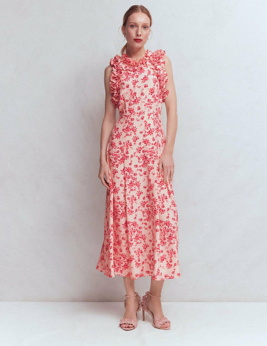Boden Dresses Ruffle Silk Midi Dress-Pink Bloom Scatter Mono