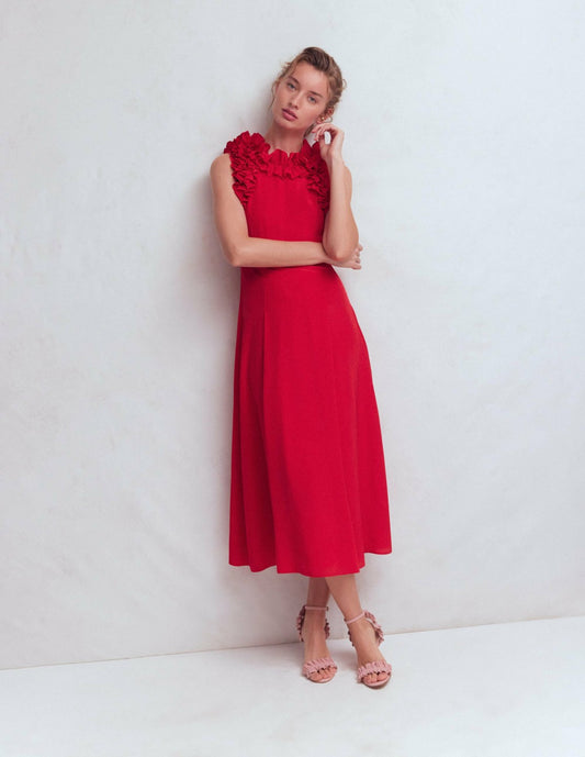 Boden Dresses Ruffle Silk Midi Dress-Red