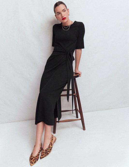 Boden Dresses Zinnia Tie Ponte Midi Dress-Black