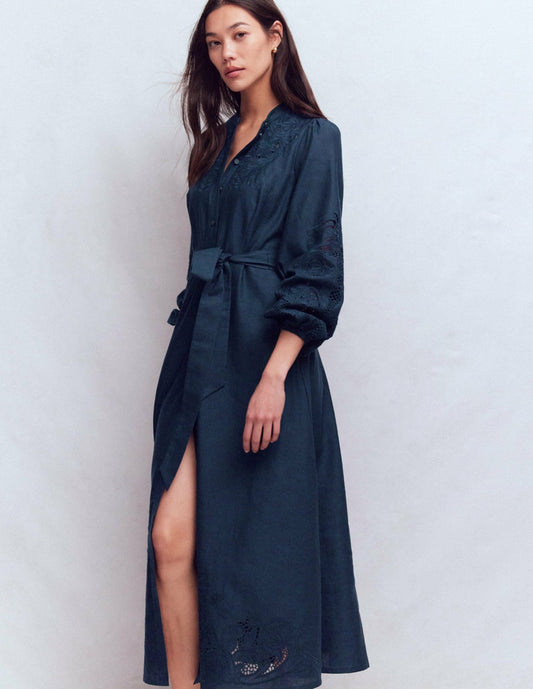 Boden Dresses Mae Linen Blend Shirt Dress-Navy