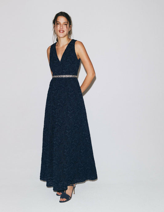 Boden Dresses Lace Plunge Neck Panel Dress-Navy