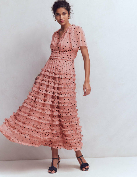 Boden Dresses V-Neck Ruffle Tulle Dress-Ivory Black Spot