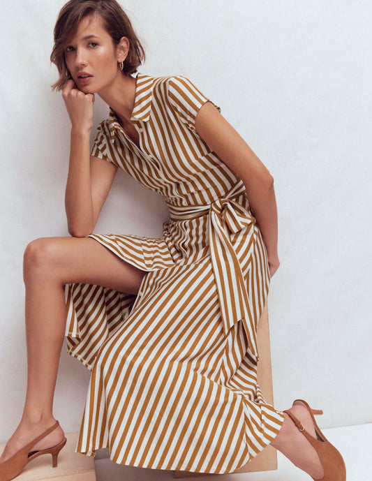 Boden Dresses Marcia Jersey Shirt Dress-Cognac and Ivory Stripe