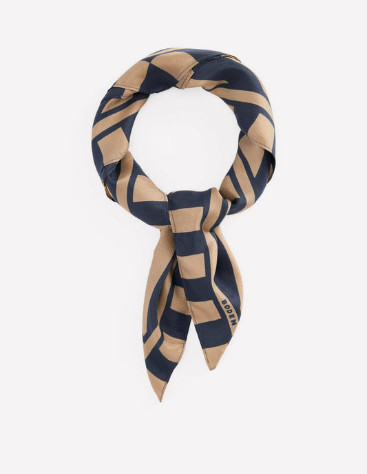 Boden Women Elisabeth Silk Square Scarf-Navy and Camel Stripe