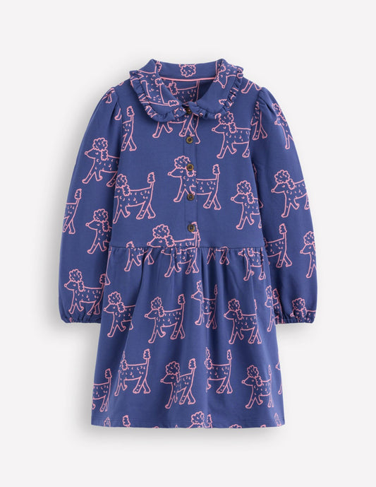 Boden Girls Cosy Jersey Shirt Dress-Starboard Blue Poodles