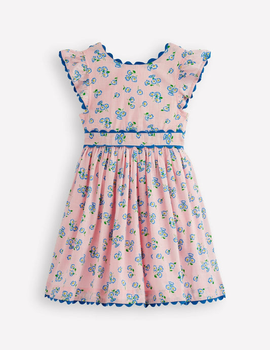 Boden Girls Ric Rac Trim Flutter Dress-Chalk Pink Daisy