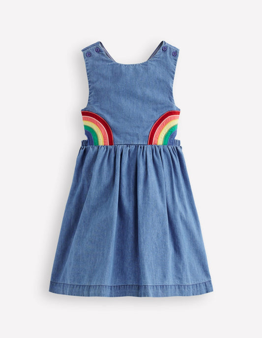 Boden Girls Rainbow Cross Back Dress-Light Wash Rainbow