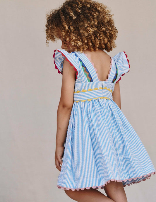 Boden Girls Ric Rac Trim Flutter Dress-Sapphire Blue Stripe