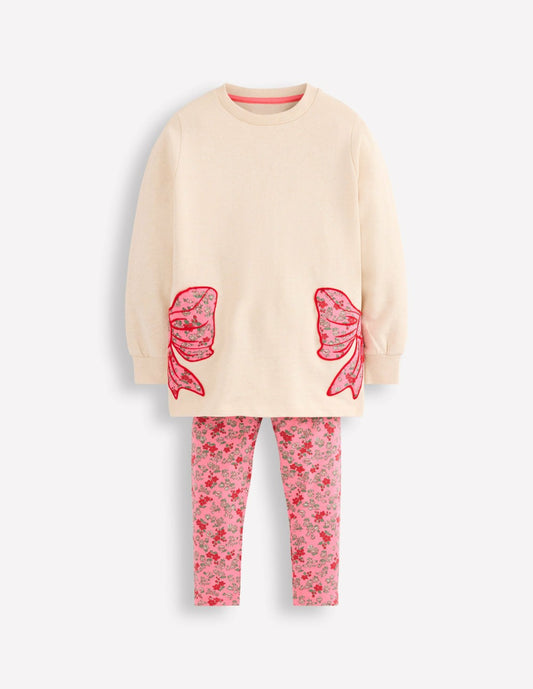 Boden Girls Fun Sweatshirt Tunic Set-Oatmeal Marl Bows