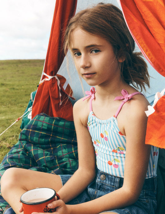 Boden Girls|Baby Tie Shoulder Swimsuit-Cloud Blue Stripe Cherries