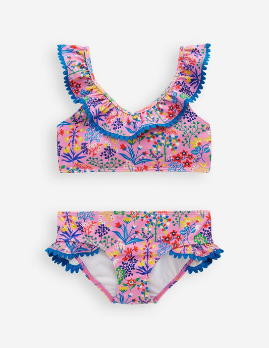 Boden Girls Frill V-neck Bikini Set-Meadowsweet Pink Garden floral