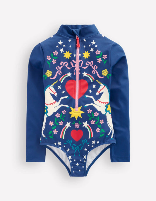 Boden Girls Fun Long-sleeved Swimsuit-Sapphire Unicorn Placement