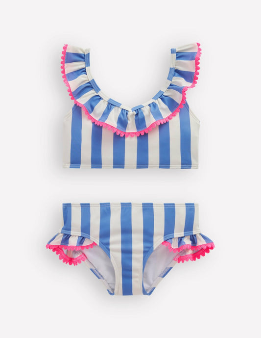 Boden Girls Frill V-neck Bikini Set-Denim Blue Stripe