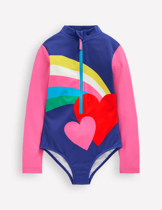 Boden Girls Long-sleeved Swimsuit-Rainbow Heart