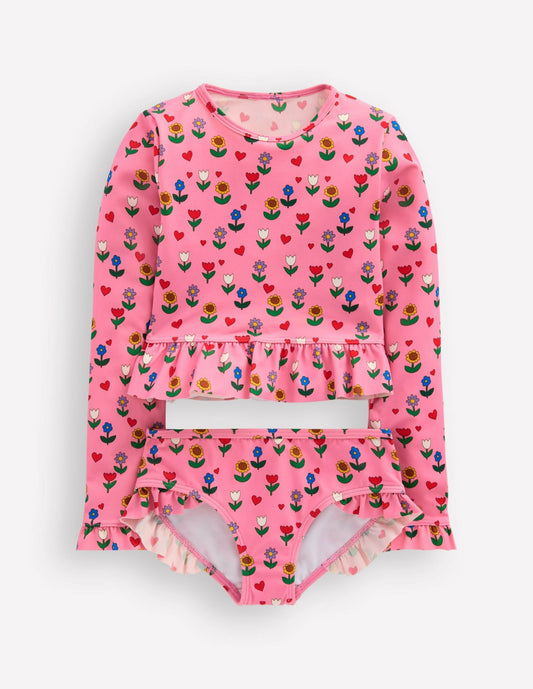 Boden Girls Hem Frill Rash Vest Set-Almond Pink Sunflower Garden