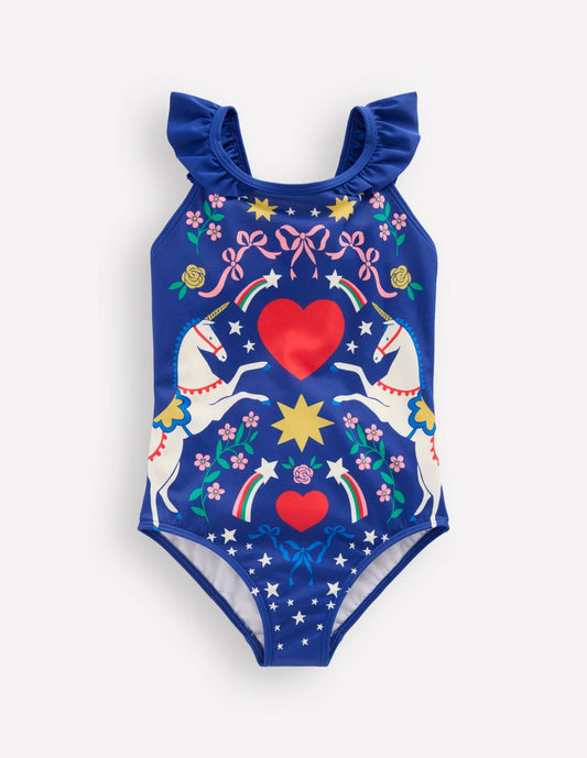 Boden Girls Hallie Frill Strap Swimsuit-Sapphire Blue Unicorn