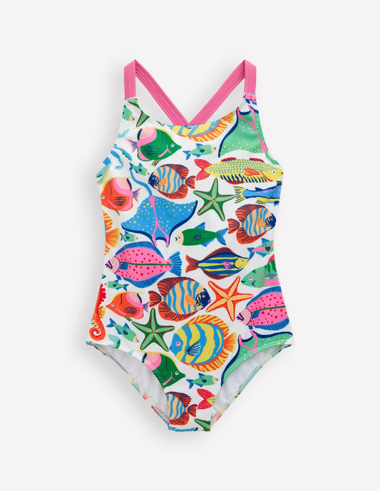 Boden Girls Cross-Back Printed Swimsuit-Multi Fishes