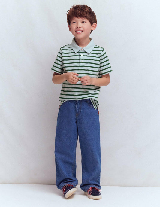 Boden Boys|Baby Slub Polo Shirt-Misty Blue/ Pine Green