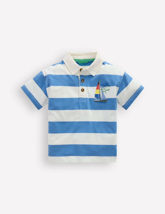 Boden Boys Relaxed Appliqué Polo Shirt-Forget Me Not Sail boats