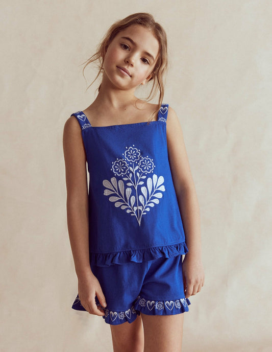 Boden Baby Embroidered Ruffle Top-Bright Blue Embroidery
